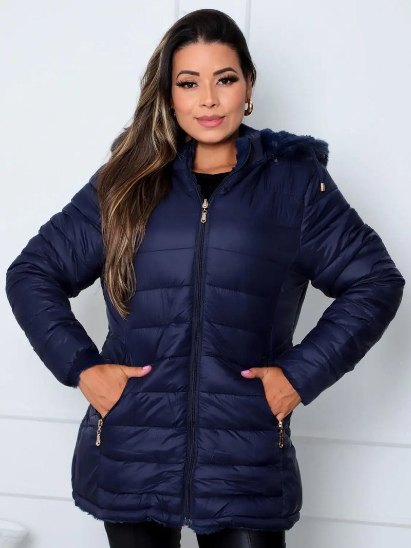 Jaqueta ParKa Feminina Dupla Face Nylon/Peluciada Azul