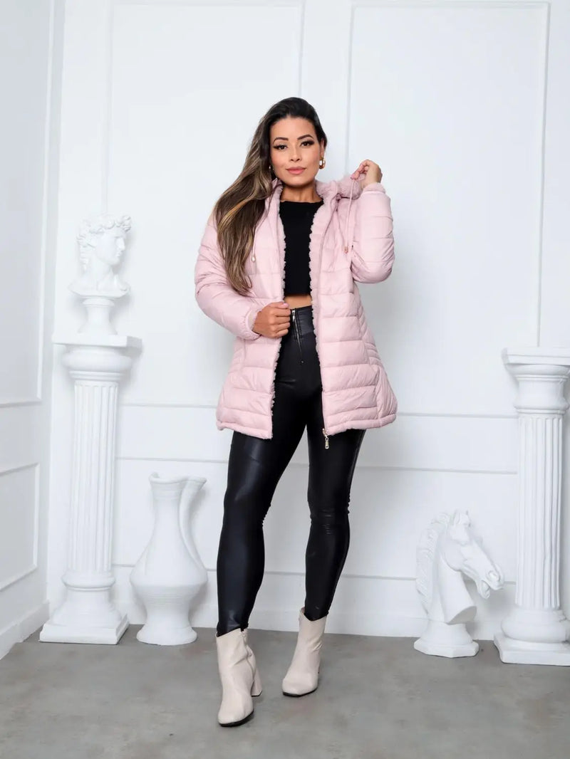 Jaqueta ParKa Feminina Dupla Face Nylon/Peluciada Rosa