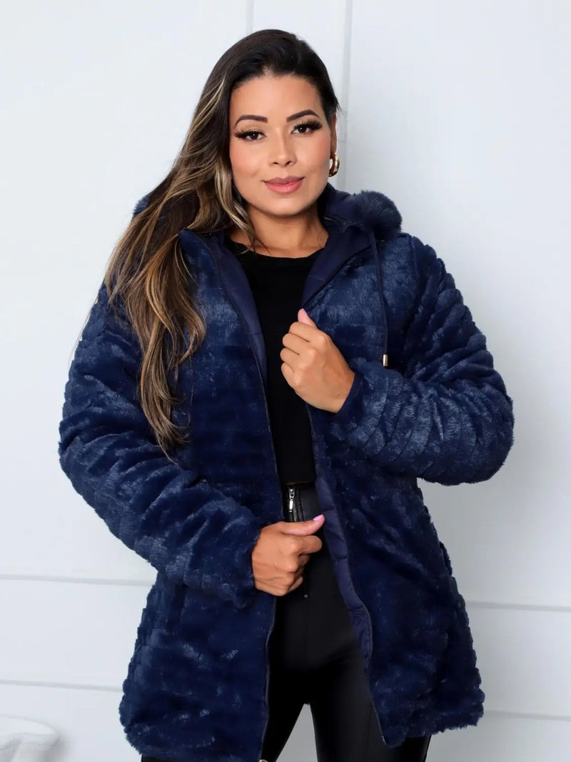 Jaqueta ParKa Feminina Dupla Face Nylon/Peluciada Azul