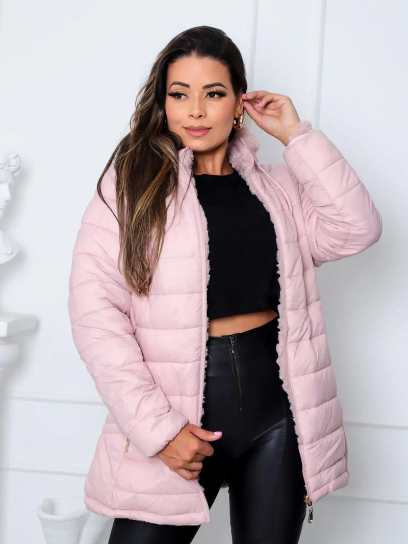 Jaqueta ParKa Feminina Dupla Face Nylon/Peluciada Rosa