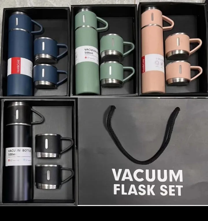 Kit Garrafa Térmica Vacuum Flask Set Inox 500ml + 3 Xícaras