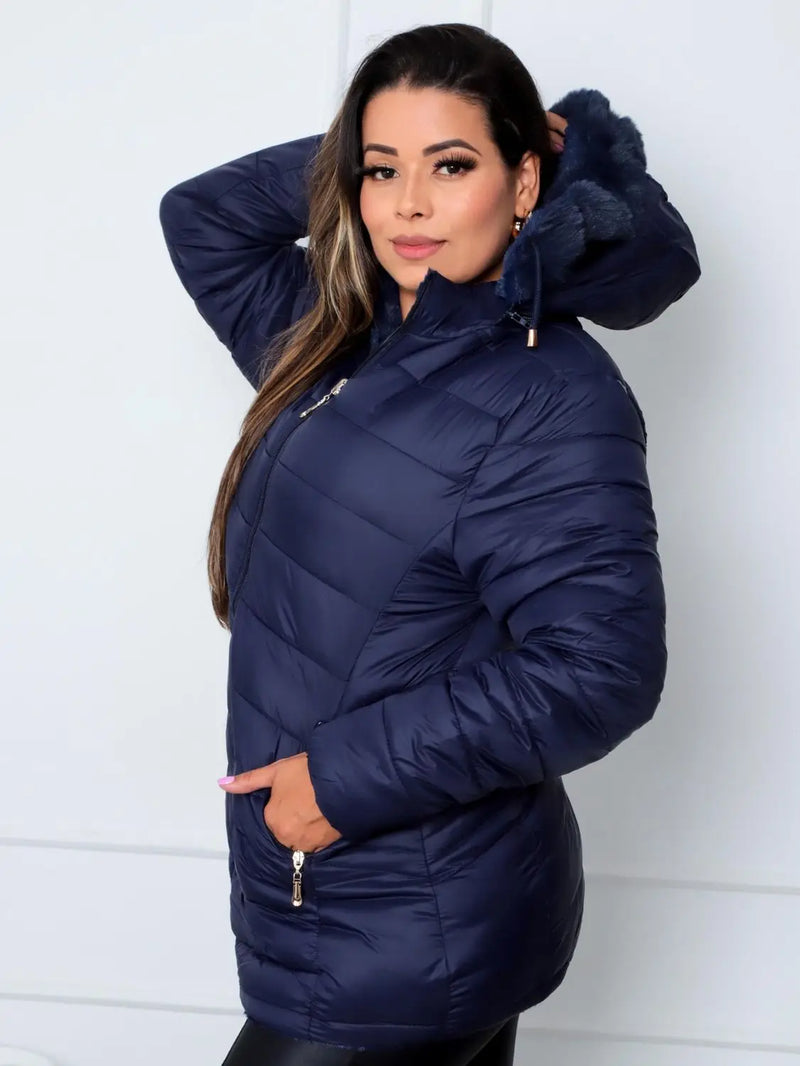 Jaqueta ParKa Feminina Dupla Face Nylon/Peluciada Azul