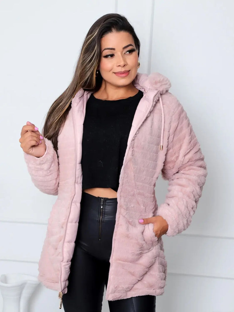 Jaqueta ParKa Feminina Dupla Face Nylon/Peluciada Rosa