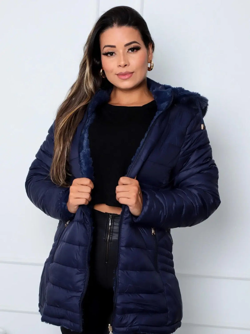 Jaqueta ParKa Feminina Dupla Face Nylon/Peluciada Azul