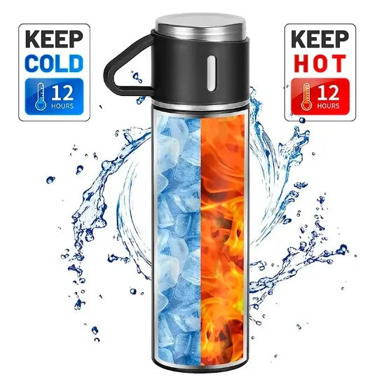 Kit Garrafa Térmica Vacuum Flask Set Inox 500ml + 3 Xícaras