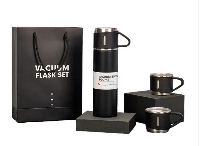 Kit Garrafa Térmica Vacuum Flask Set Inox 500ml + 3 Xícaras